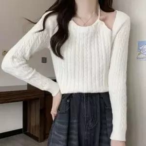 [하프클럽/]꽈배기패턴 모던 짜임 그래픽 여자 홀터넥 숏가디건롱슬리브 니