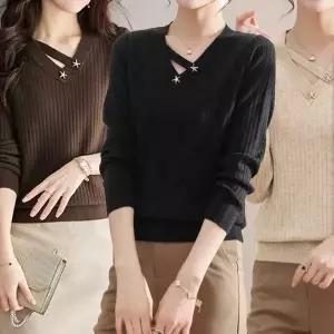 [하프클럽/]데일리 걸스세로패턴 V라인 S/S F/W 풀슬리브 뜨개탑 티셔츠