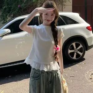 [하프클럽/]여성용트임밑단 레이스소재 스키니 아이보리 숏티 탑 캐주얼