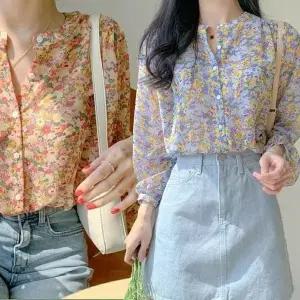 [하프클럽/]여자 벌룬핏 슬리브꽃 무늬 플라워패턴 드레스셔츠 시그니처