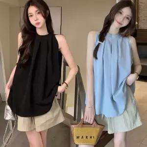 [하프클럽/]여성 홀터넥 플리츠 슬리브리스 드레스셔츠베스트