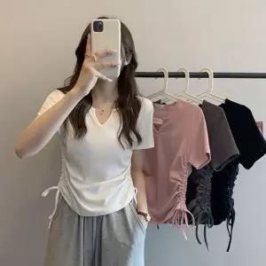 [하프클럽/]프릴 포커스 데일리룩 브이라인하프슬리브 탑