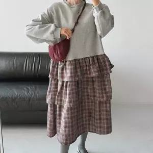 [하프클럽/]여자 코디 큰사이즈 프릴 격자 티어드 롱원피스