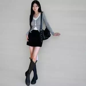 [하프클럽/]여성 슬림핏 홀터넥 배색 긴팔 레이어드 티셔츠