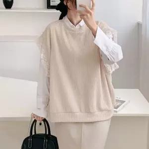 [하프클럽/]여자 라운드 박시핏 레이스 골지 리본 조끼