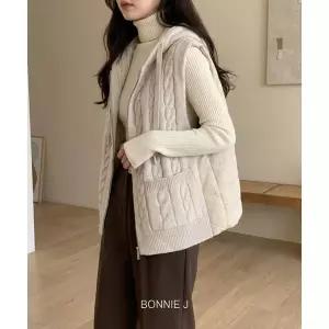 [하프클럽/]BONNIE J 퀼팅 배색 베스트 후드 집업 조끼 여성 겨울 꽈배기 캐주