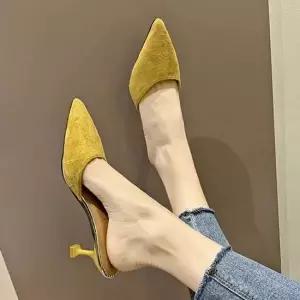 스웨이드 미들힐 뾰족코 여성 뮬 블로퍼