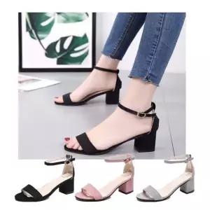여성 두줄 끈 스트랩 발목 샌들 미들굽 여름 구두
