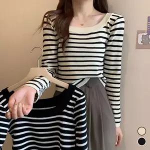 Rly 스트라이프 넥 단가라 스퀘어 스트라이프티 니트