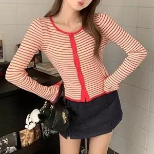 [옷자락]여자 소매 트임 롤업 디테일 스트라이프 가디건