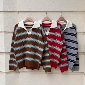 [다잇템] 여성 FW 콘트라스트 줄무늬 긴팔티 카라넥 니트티