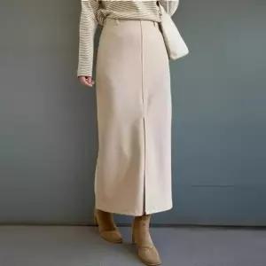 KHK17EE여성용 겨울 모직 H라인 롱 스커트 출근 스타일 앞트임