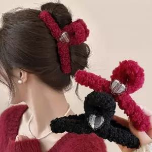 사러왕뽀글 체크하트 헤어핀 가을 겨울 올림머리핀 양털 뽀글이 반머리 헤어 집게핀 왕집게핀