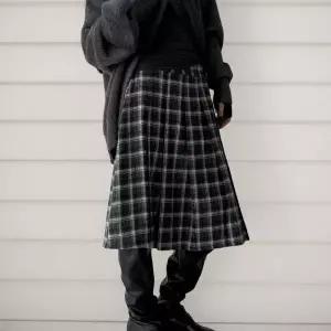 [하프클럽/]여성용 겨울 체크 플리츠 스커트 캐주얼 미디 스커트