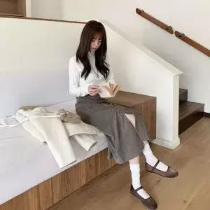 [하프클럽/]여성 앞트임 H라인 롱 코듀로이 스커트