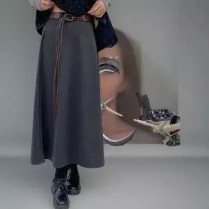 [하프클럽/]여성용 A라인 롱 스커트 가죽벨트 세트 플레어 디자인