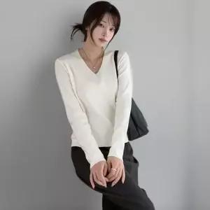 여성 브이넥 슬림핏 골지 니트 티셔츠