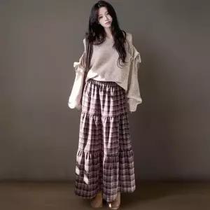 [하프클럽/]여성 체크 패턴 A라인 롱 플레어 원피스 캉캉 디자인