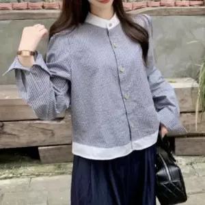 |CCH41F7|여성 차이나 카라 배색 스트라이프 블라우스