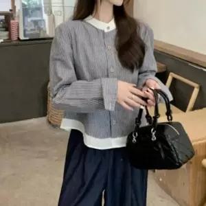 |CCH41F7|여성 차이나카라 스트라이프 배색 셔츠