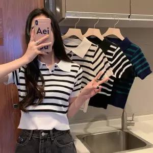 [라일리여성의류] Rly 스트라이프 카라 여름 반팔 니트 DHH-E52