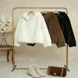 [하프클럽/옷자락]여자 소프트퍼 후드집업 겨울 스트링 페이크밍크 점퍼