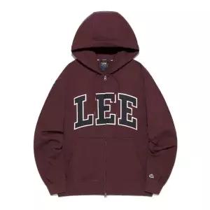 LEE 데님 아플리케 로고 후드 집업 버건디