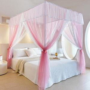 AIKASY 코너 포스트 러플 프린세스 침대 캐노피 커튼 4개의 개구부가 있는 이중 레이어 아늑한 드레이프 네팅 소녀 우아한 모기장 장식 핑크 트윈
