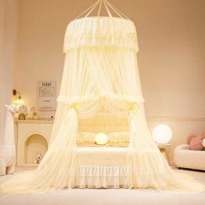 소녀 러플을 위한 아키키 침대 캐노피 공주 커튼 원형 아늑한 드레이프 네팅 자수 레이스 쉬어 메시 성인 침실 장식 아이보리