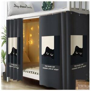 하단 이층 침대 커튼 프라이버시 통기성 방진 싱글 암막 패널 언더베드 로프트 캐노피 텐트 쉐이딩 드레이프 검은 고양이 2종 세트
