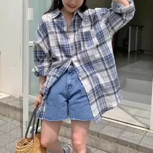 [라일리여성의류] Rly 클래식 모던 루즈핏 체크 포켓 롱 셔츠 TDN-0105