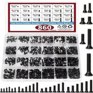 860개 소형 컴퓨터 나사 모음 키트 검정색 미니 소형 소형 안경 M1.2 M2 M2.5 M3 PC 및 노트북 SSD 하드 드