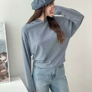 [신세계라이브쇼핑][옷자락] 여자 스트라이프 가오리핏 긴팔후드 잔줄무늬 티셔츠