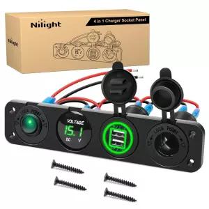 Nilight 4 in 1 ON/Off 충전 소켓 패널 듀얼 USB 전원 콘센트 LED 전압계 시가 라이터 조명 ON/OFF 로커