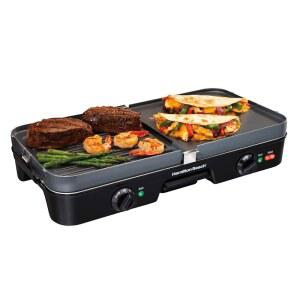 해밀턴 비치 3-in-1 전기 실내 그릴 + 그릴, 8인분, 리버서블 논스틱 플레이트, 온도 조절 가능한 쿠킹 존 2개(38546), 블랙