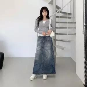 여성 카모 워싱 데님 롱스커트 트임 무드 스커트