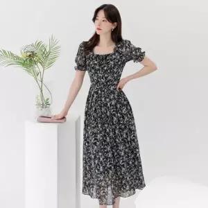 [시크라인] 루잔 스퀘어넥 스모크 퍼프소매 쉬폰 원피스