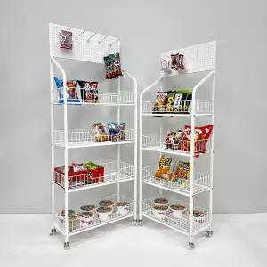 이동식 철제 진열대 4단 간식 과자 라면 음료 진열 편의점 PC방 선반 타공보드+고리 포함 SN-60