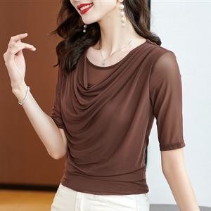 여성 댄스복 여름 라운드 망사 반팔 티셔츠 라인 상의