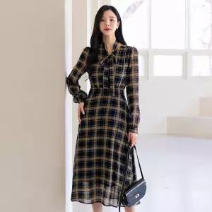 [시크라인] (~XXL까지) 스켄드 체크패턴 쉬폰 리본끈 원피스 봄 가을 나들이룩 오피스룩 데이트 모임 미시 빅사이즈