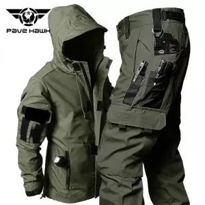 남성용 군사 전술 방수 세트 멀티 포켓 후드 재킷 내마모성 통기성 카고 바지 야외 사냥복