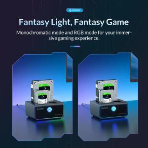 [보호보관용]ORICO RGB 라이트 2 베이 C 타입 하드 디스크 도킹 스테이션, 게임 매니아용, 자동 절전 오프