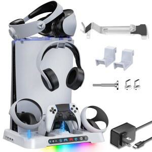 EaJ AC 어댑터와 3레벨 냉각 팬이 있는 /엣지 및 PSVR 2 컨트롤러 충전소 PS VR2 충전기가 냉각소 세가 게임 기어 게임을 위한 5 수납 스탠드