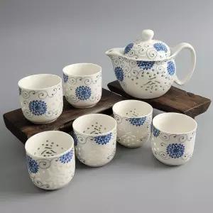 청화백자 투각 태양화 다관+잔6 다기세트 경덕진 다도 중국다기 경덕진다기 찻잔세트 백자다기