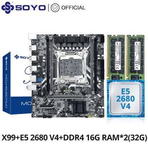 SOYO X99 게이밍 마더보드 세트, Xeon E5 2680 V4 CPU 및 DD4 32G(2*16G) 2133MHz 메모리 NVME M.2 SATA 3