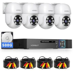 VORGUT 유선 카메라 시스템 실외, 4pcs 팬/틸트 CCTV 및 4CH 5MP 라이트 AHD TVI DVR(500GB HDD), 360 뷰 감시 DVR 키트, 동작 감지, 24시간 연중무휴 녹화, 원격 액세스