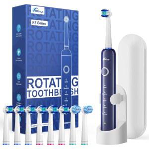 Rtauys 회전 전동 칫솔, 브러시 헤드 8개(2가지 유형), 5가지 모드 충전식 전동 칫솔, 여행용 케이스 및 2분 Smrte 타이머 포함