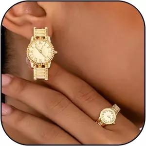 여성용 IQPDYV 골드 워치 스터드 귀걸이 반지 세트 라운드 다이얼 시계 핑거 링 레트로 남성용 참신한