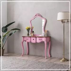 [리체갤러리] 수입 프렌치 엔틱가구 원목 엘라 핑크 거울 화장대