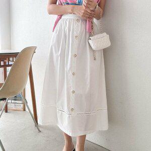 여자 A라인 버튼 펀칭레이스 데이트룩 코튼 롱스커트_3